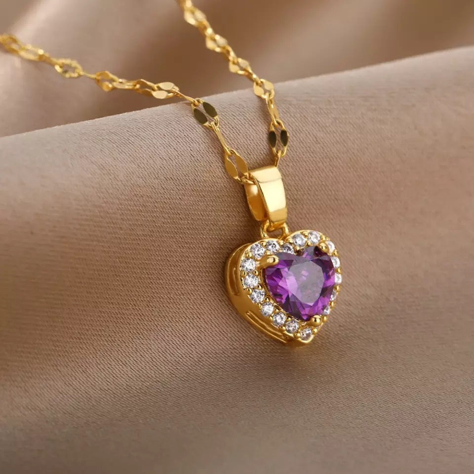 Purple Heart Cubic Zirconia Stainless Steel Necklace