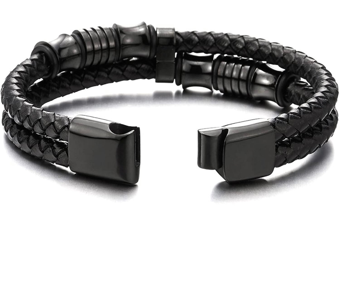 Black Leather Braided Cuff Bracelet (#BXXG1331)