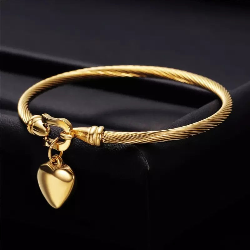 Gold Buckle Heart Charm Stainless Steel Bangle Bracelet