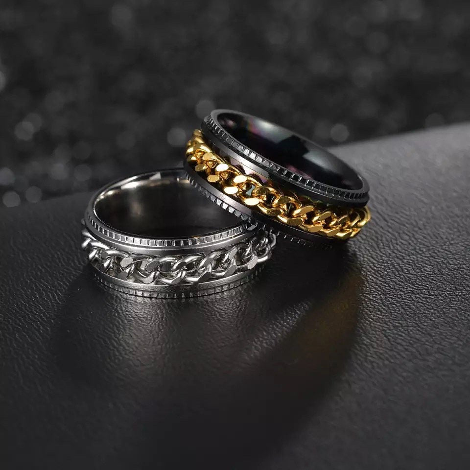 Black with Gold Chain Spinner Stainless Steel Ring