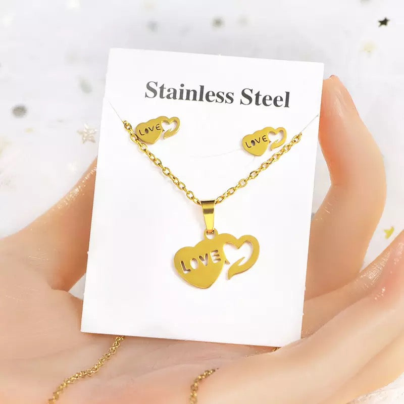 Love-Heart Stainless Steel Necklace Set Style 8