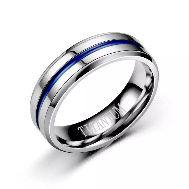 6MM Silver & Blue Beveled Edge Titanium Steel Ring for Women