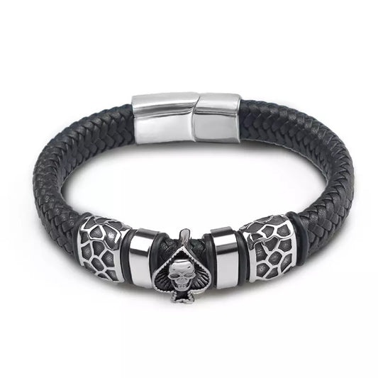 Spades Skull Stainless Steel Braided Leather Bracelet