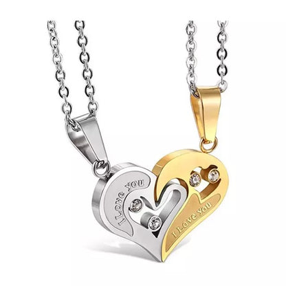 Silver & Gold Spliced Heart Couples Stainless Steel Necklace Set