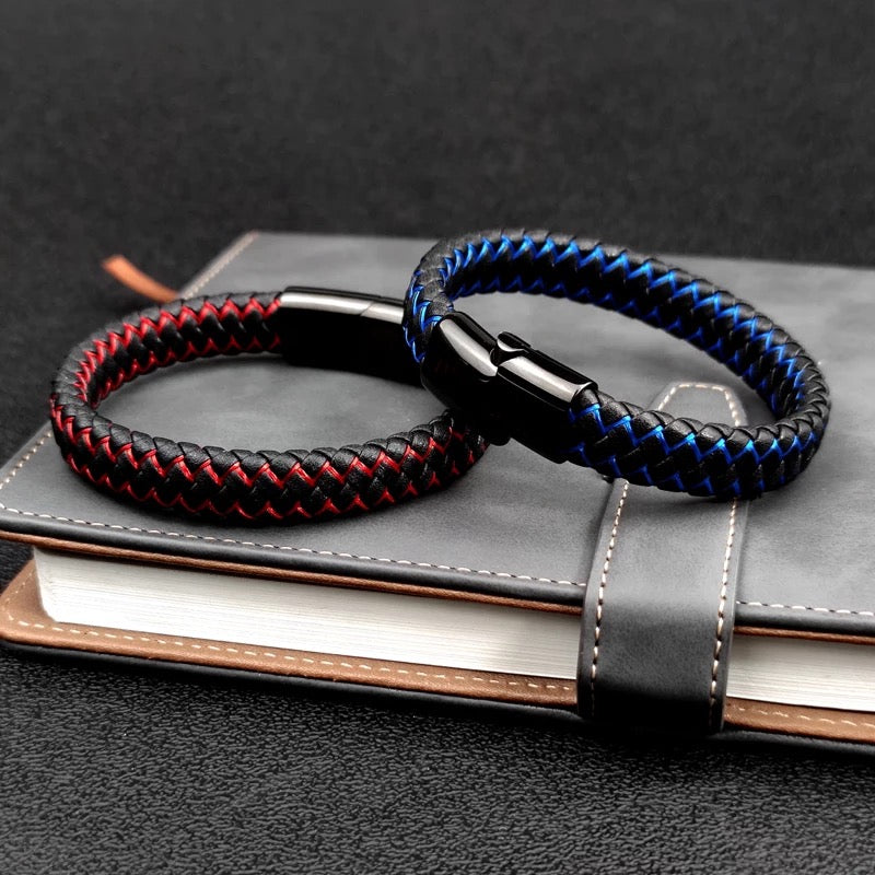 Black & Red Leather Braided Cuff Bracelet