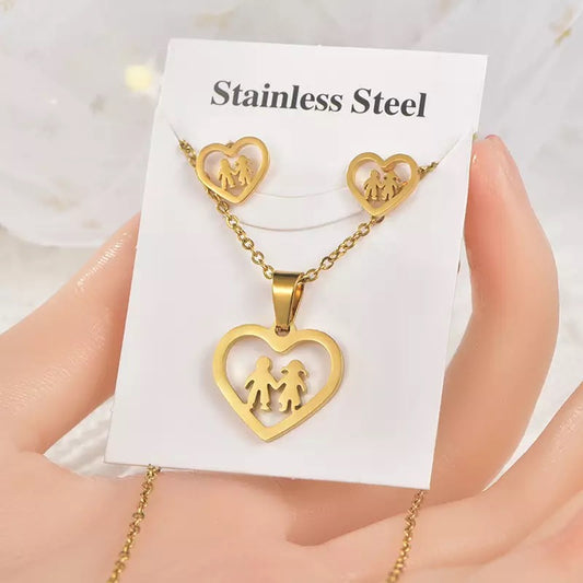 Love-Heart Stainless Steel Necklace Set Style 4