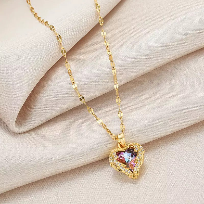 Crystal Heart Amethyst Zircon Stainless Steel Necklace