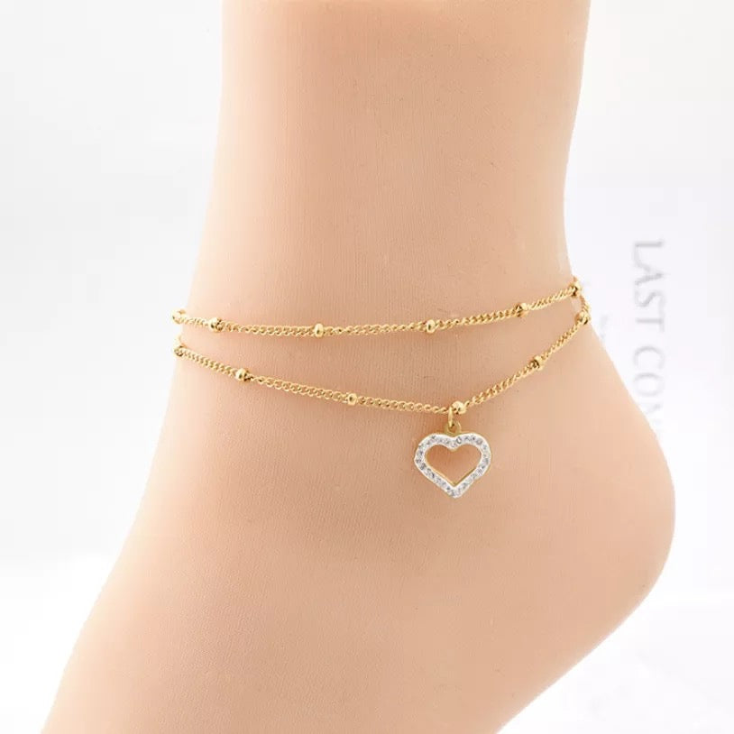 Zircon Heart Charm Double Layer Stainless Steel Anklet