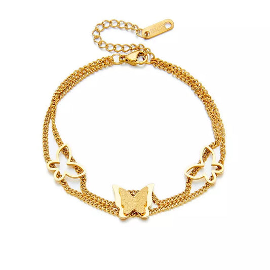 Double Layer Butterfly Charm Stainless Steel Bracelet