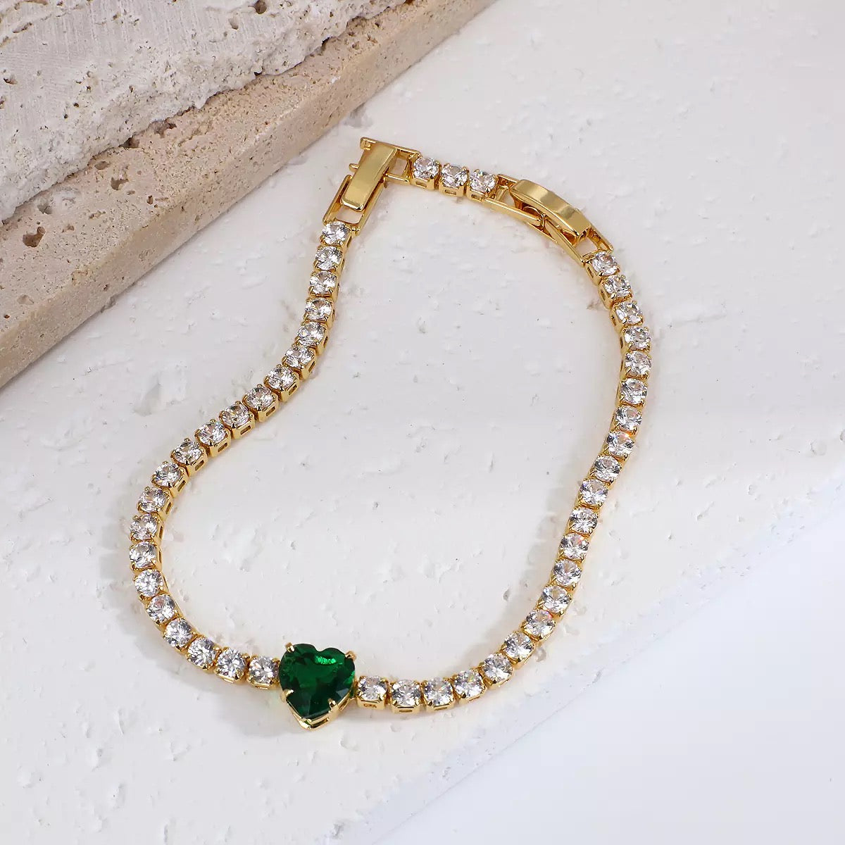 Flashbuy Luxury Green Heart Gold Zircon Stainless Steel Tennis Bracelet