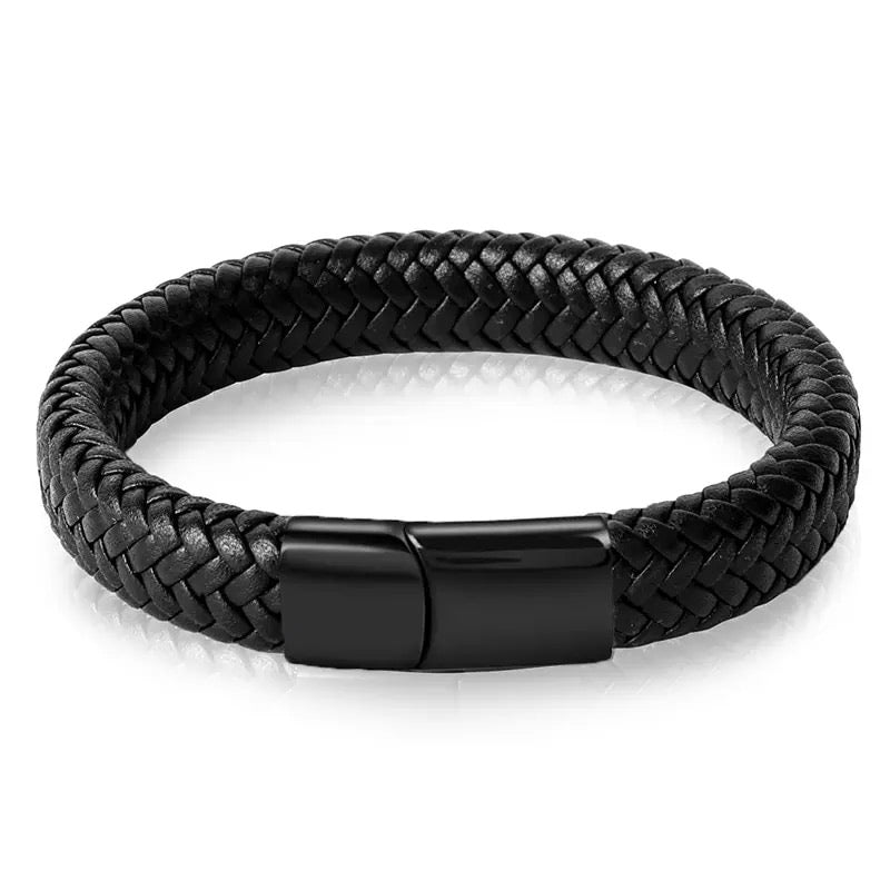 Black Leather Braided Cuff Bracelet