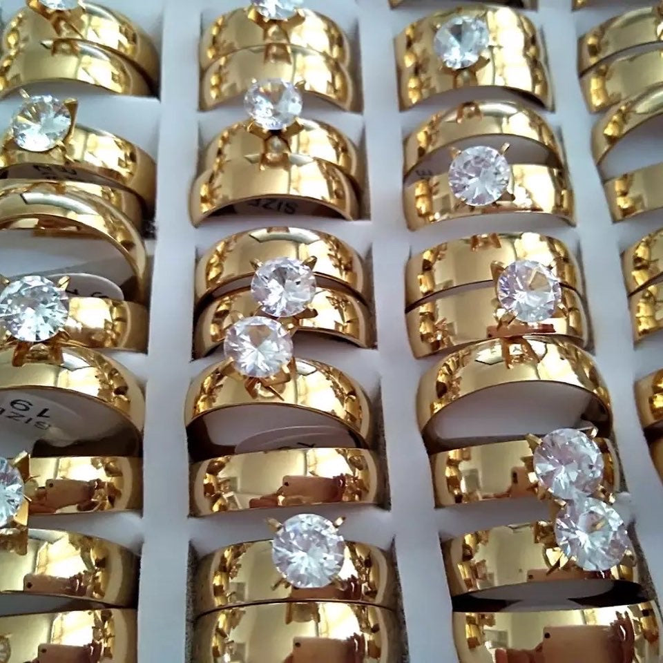 Round Golden Zircon Stainless Steel Couples Rings