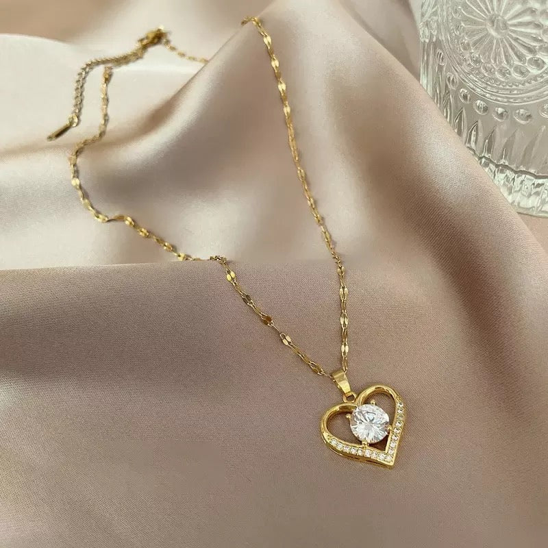 Zircon Crystal Heart Stainless Steel Necklace