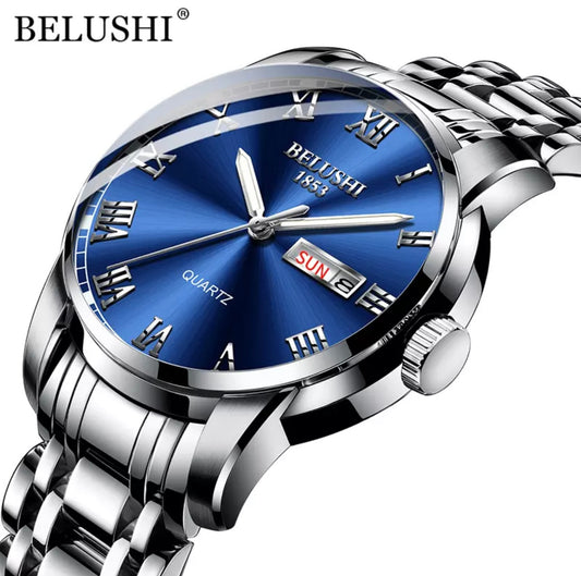 BELUSHI Silver & Blue Luxury Sports Stainless Steel Watch for Men