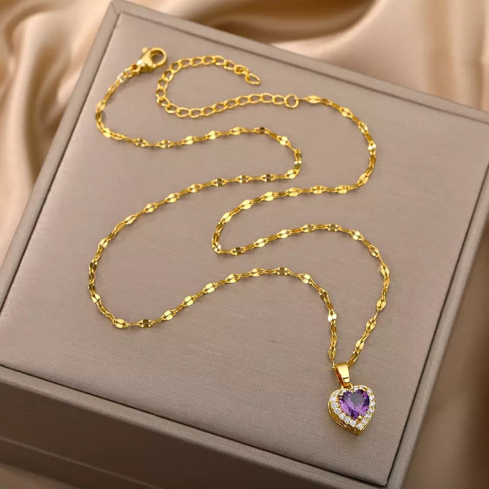 Purple Heart Cubic Zirconia Stainless Steel Necklace