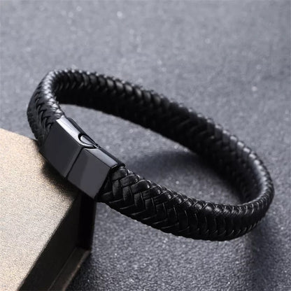 Black Leather Braided Cuff Bracelet