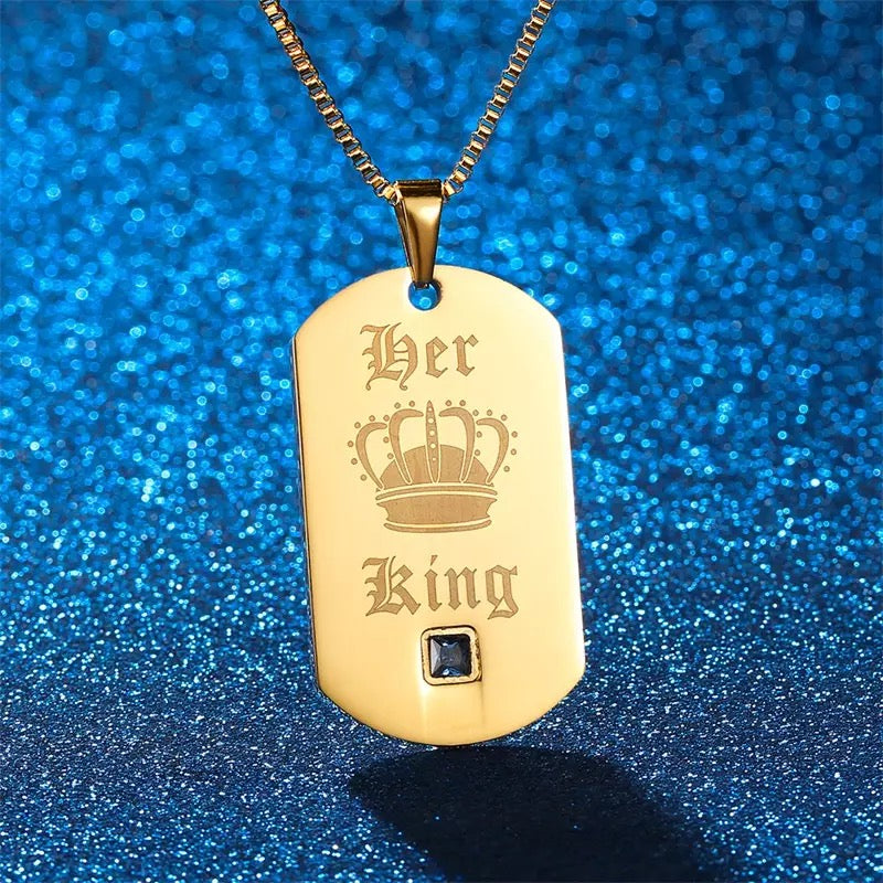 His Queen Her King Gold Dog Tag Couples Necklace Set