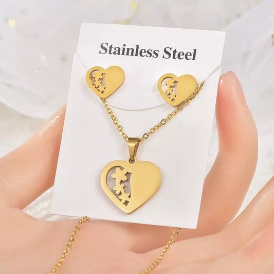 Love-Heart Stainless Steel Necklace Set Style 1