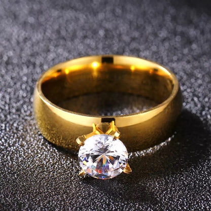 Round Golden Zircon Stainless Steel Couples Rings