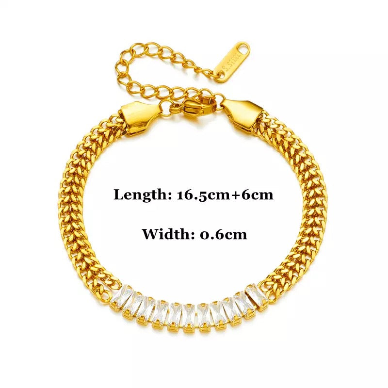 Zircon Crystal Charm Thick Chain Stainless Steel Bracelet