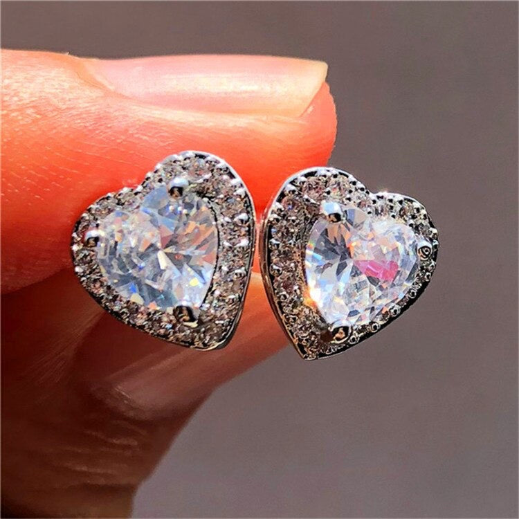 Silver Heart Stud Cubic Zirconia 925 Sterling Silver Earrings