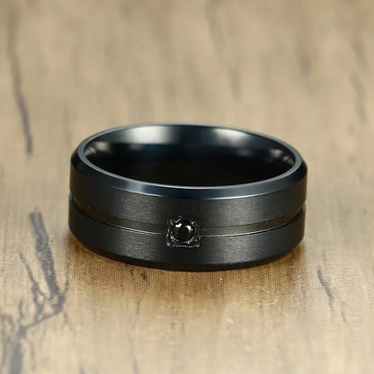 Matte Black Beveled Edge Inlaid Cubic Zirconia Stainless Steel Ring