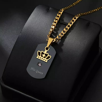 His Queen Her King Figaro Gold & Black Dog Tag Couples Necklace Set