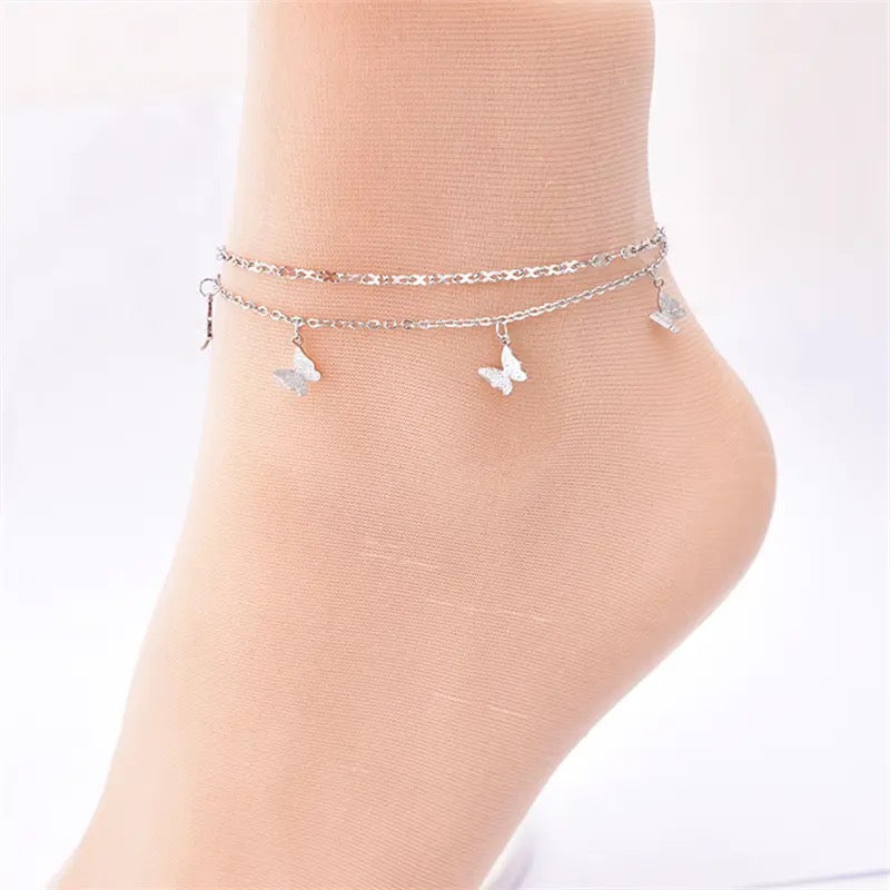 Frosted Butterflies Double Layer Stainless Steel Anklet