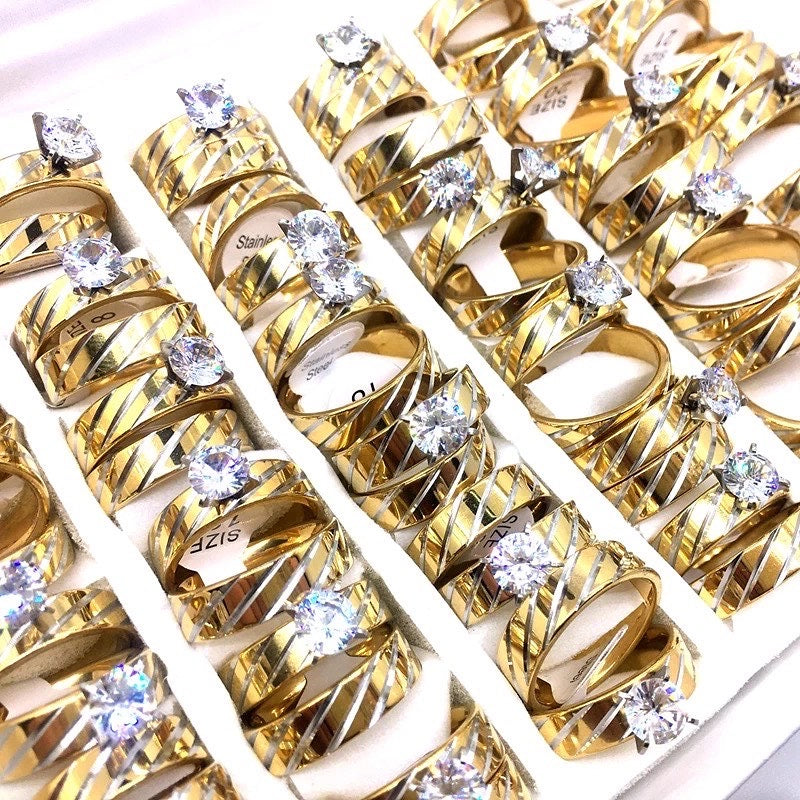 Streak Golden Zircon Stone Stainless Steel Couples Rings