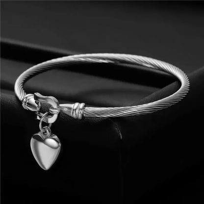 Silver Buckle Heart Charm Stainless Steel Bangle Bracelet