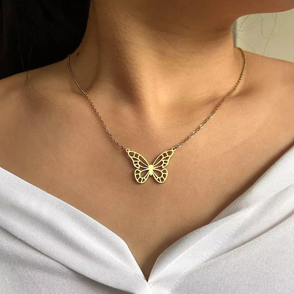 Elegant Gold Hollow Butterfly Stainless Steel Necklace