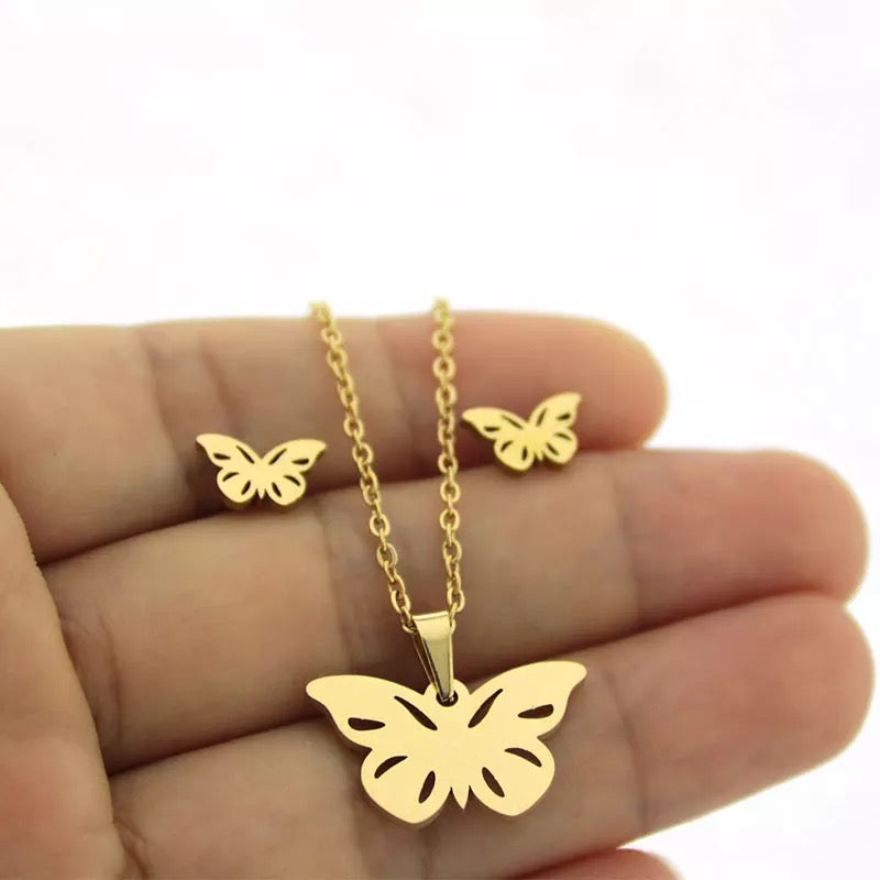 Stainless Steel Gold Necklace Set (Butterfly #G1)