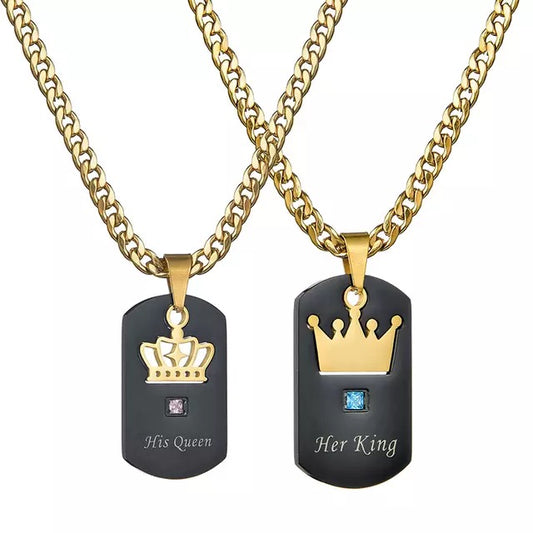 His Queen Her King Figaro Gold & Black Dog Tag Couples Necklace Set