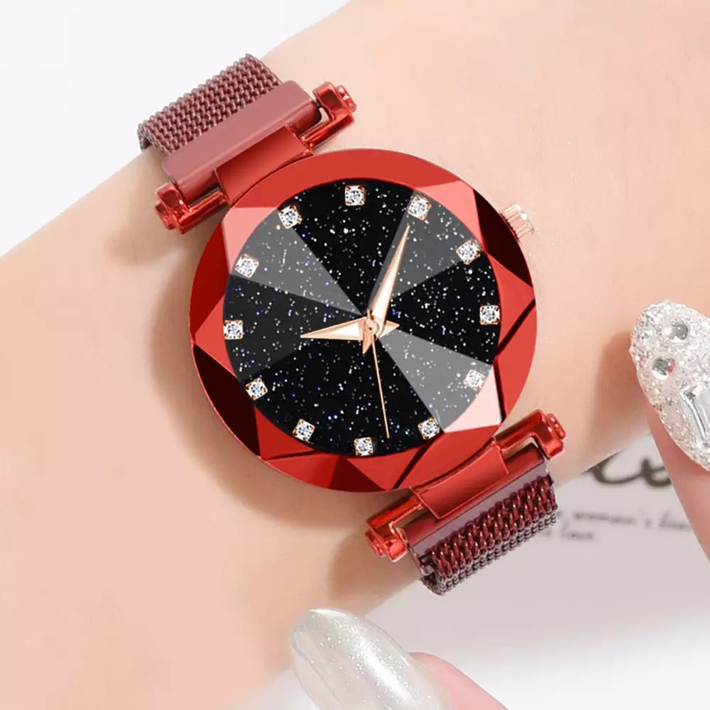 Red Magnetic Galaxy Quartz Stainless Steel Watch for Women