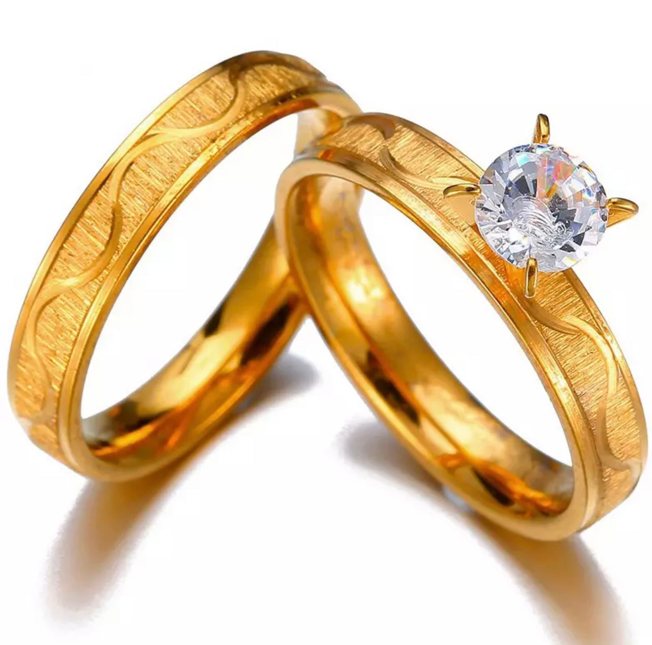 Golden Zircon Stone Stainless Steel Couples Rings