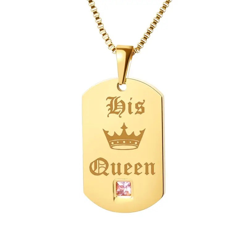 His Queen Her King Gold Dog Tag Couples Necklace Set