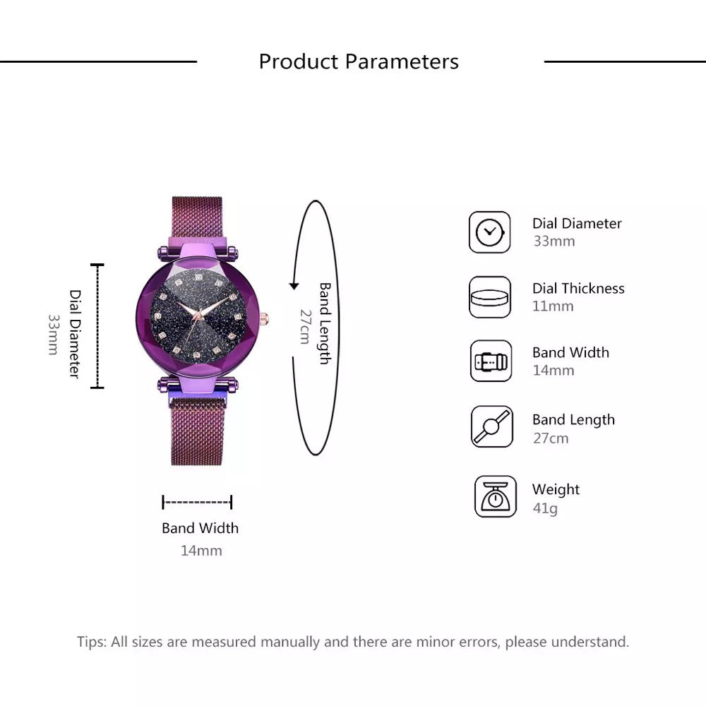 Purple Magnetic Galaxy Quartz Stainless Steel Watch for Women