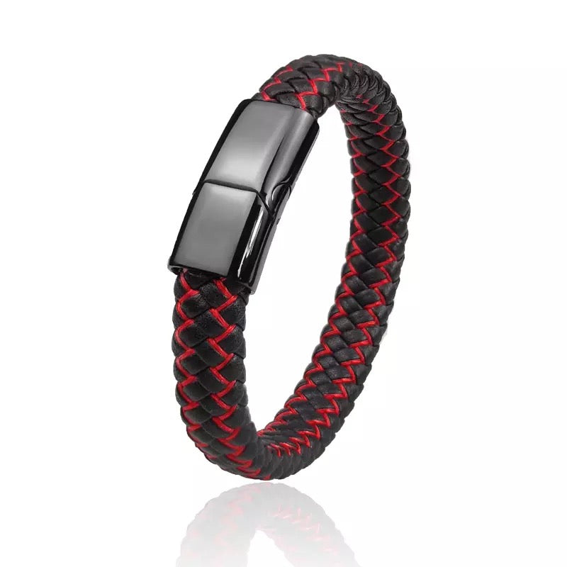 Black & Red Leather Braided Cuff Bracelet