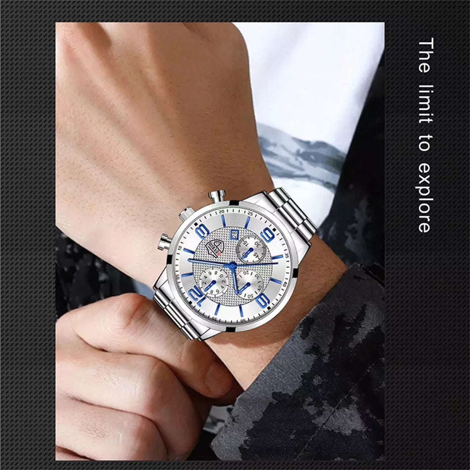 DIJANES Silver Luminous Clock Stainless Steel Watch for Men