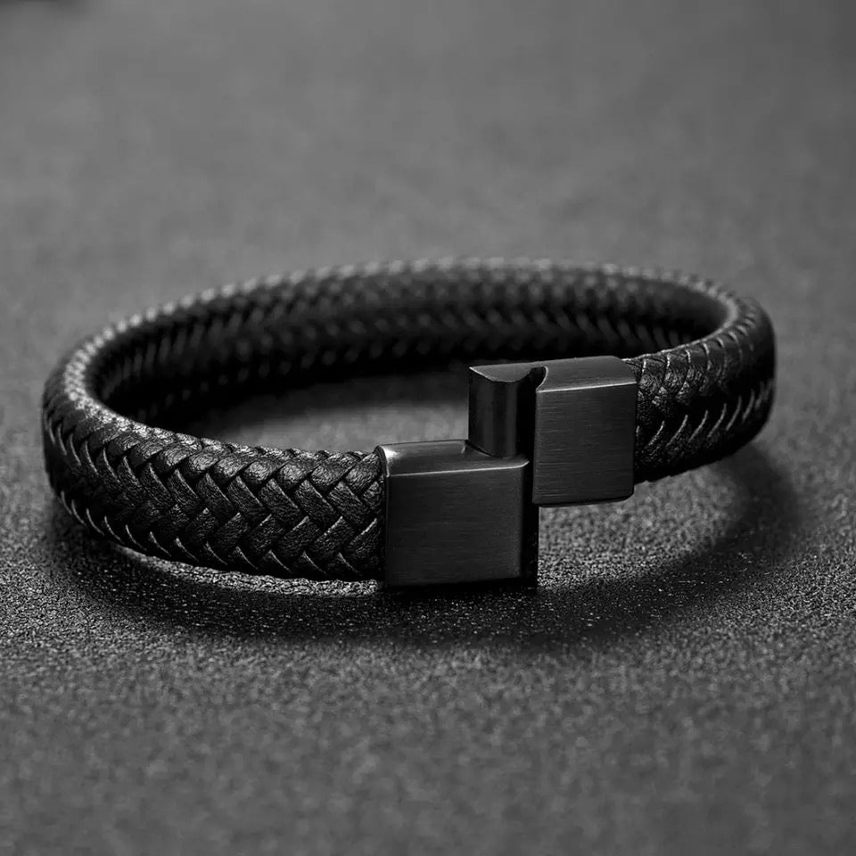 Black Leather Braided Cuff Bracelet