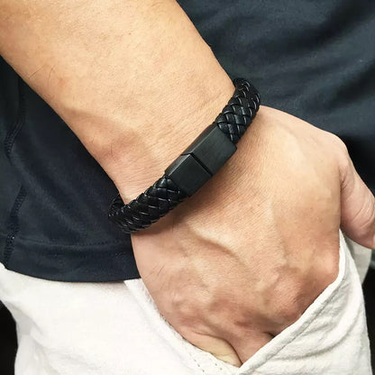 Black Leather Braided Cuff Bracelet