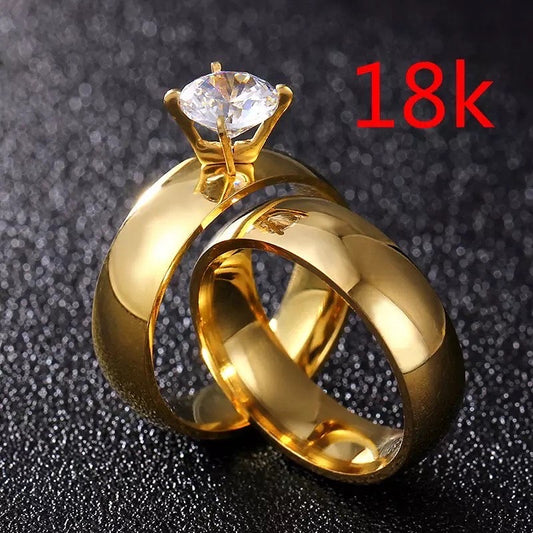 Round Golden Zircon Stainless Steel Couples Rings