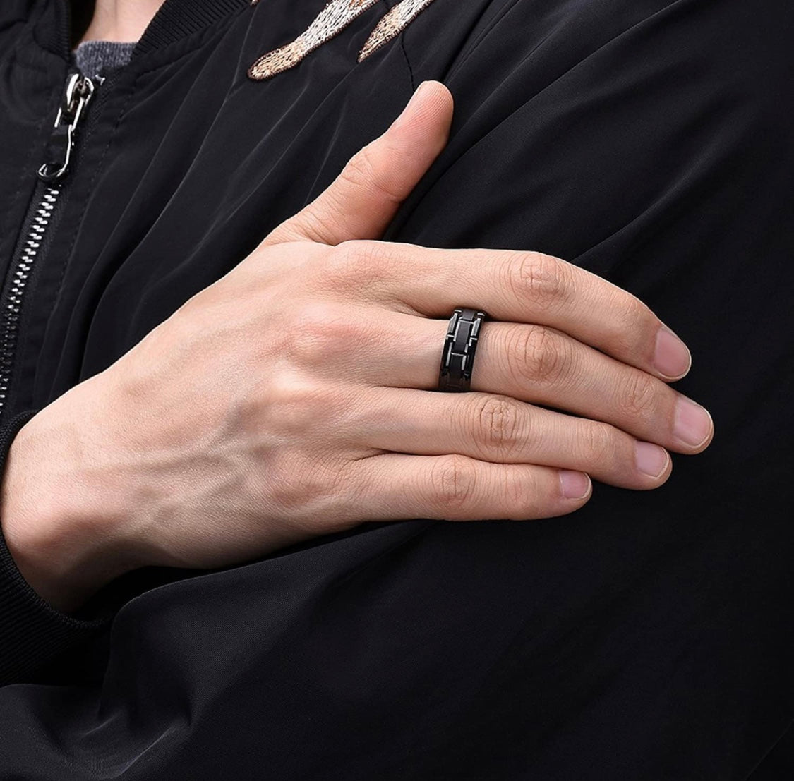 Black Brick Patterned Groove Stainless Steel Ring